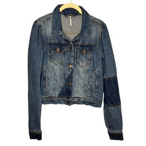 Free People Rumors Denim Jean Jacket Small Blue Button Front Cropped Patchwork